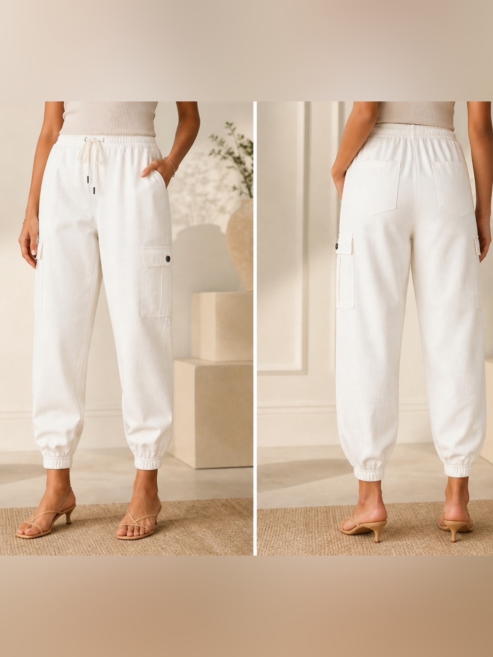 Love Tree White Cargo Jogger Pants Linen Blend NWT